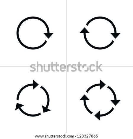 4 arrow pictogram refresh reload rotation loop sign set. Volume 01. Simple black icon on white background. Modern mono solid plain flat minimal style. Vector illustration web design elements 8 eps