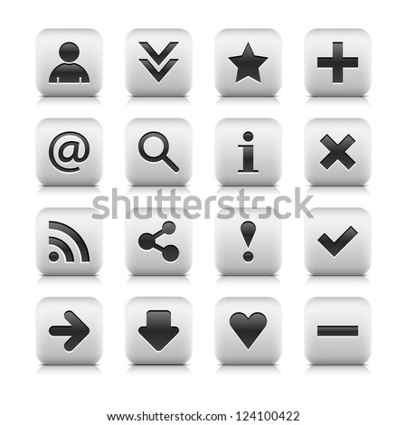 16 icon web button with basic sign. Series in a stone style. Rounded square button with black shadow and gray reflection on white background. Vector illustration clip-art design element in 8 eps