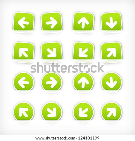 Green arrow sign paper sticker on cut pocket. Web button satined circles and rounded square shapes with gray drop shadow on white background. Vector illustration clip-art design element in 10 eps