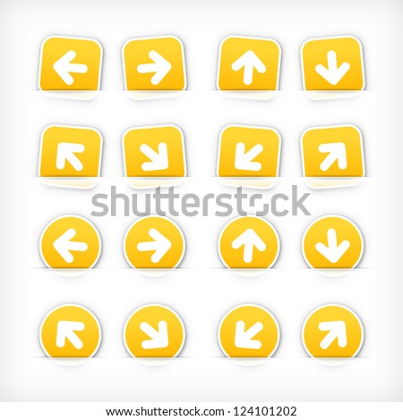 Yellow arrow sign paper sticker on cut pocket. Web button satined circles and rounded square shapes with gray drop shadow on white background. Vector illustration clip-art design element in 10 eps