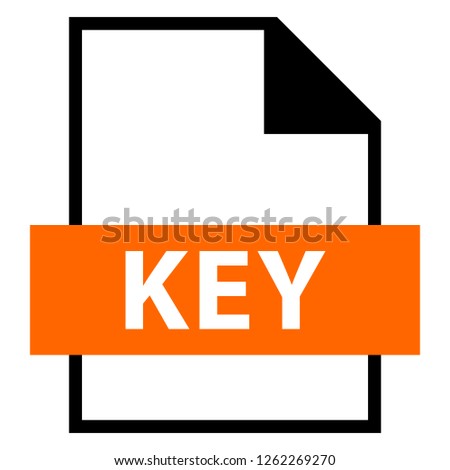 Filename extension icon KEY format file format created in flat style. The sign depicts a white sheet of paper with a curved corner and a colored rectangle with the name of the file.