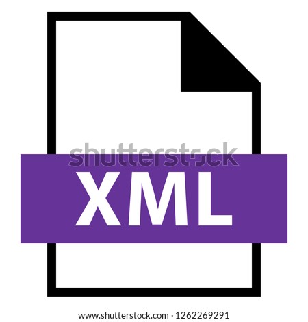 Filename extension icon XML eXtensible Markup Language file format created in flat style. The sign depicts a white sheet of paper with a curved corner and a colored rectangle with the name of the file