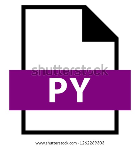 Filename extension icon PY Python Script file format created in flat style. The sign depicts a white sheet of paper with a curved corner and a colored rectangle with the name of the file.