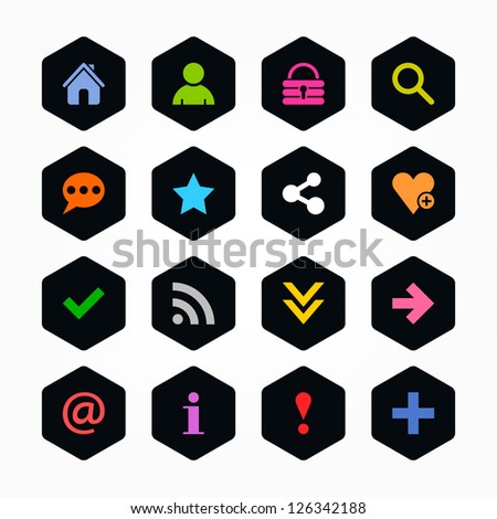 Basic sign icon set. Color on black. Simple rounded hexagon internet button. Solid plain monochrome color flat tile. Minimal modern metro style. Vector illustration web design elements saved 8 eps