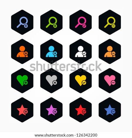 Loupe, user, star, heart, plus, delete, check, minus sign. Color on black. Minimal metro style icon set. Simple rounded hexagon internet button. Solid plain color flat tile. Web design elements 8 eps