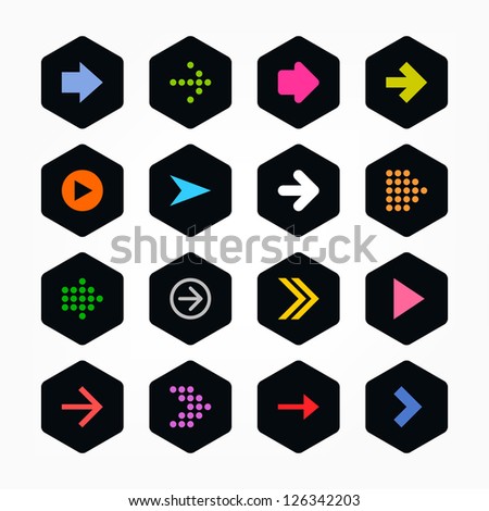 Arrow icon sign set. Color on black. Simple rounded hexagon internet button. Solid plain monochrome color flat tile. New minimal contemporary metro style. Vector illustration web design elements 8 eps
