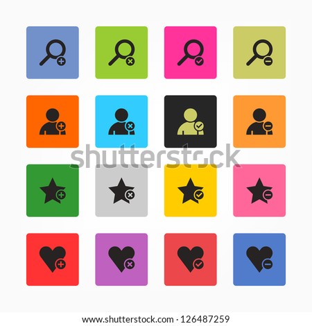 Loupe, user profile, star favorite, heart bookmark icon with plus, delete, check mark and minus sign. Black on color. 16 rounded square web internet button. Vector illustration 8 eps