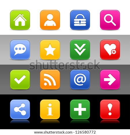 16 web button with basic sign. Satin series icon. Rounded square shapes with shadow, reflection. Green, orange, blue, yellow, red color on white, black, gray backgrounds. Vector illustration 8 eps