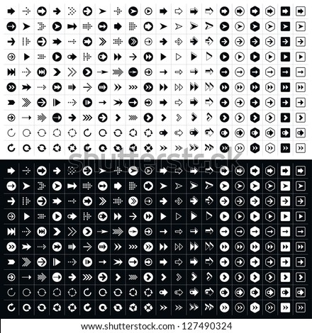 400 arrow sign icon set. Volume 1 (black version). Modern simple pictogram minimal, flat, solid, mono, monochrome, plain, contemporary style. Vector illustration web internet design elements in 8 eps