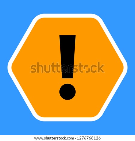 Exclamation mark icon warning sign attention button in orange hexagon shape created in flat style. The design graphic element is saved as a vector illustration in the EPS file format.