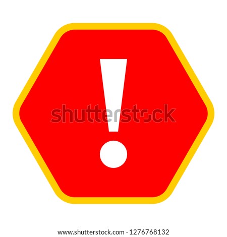 Exclamation mark icon warning sign attention button in red hexagon shape created in flat style. The design graphic element is saved as a vector illustration in the EPS file format.
