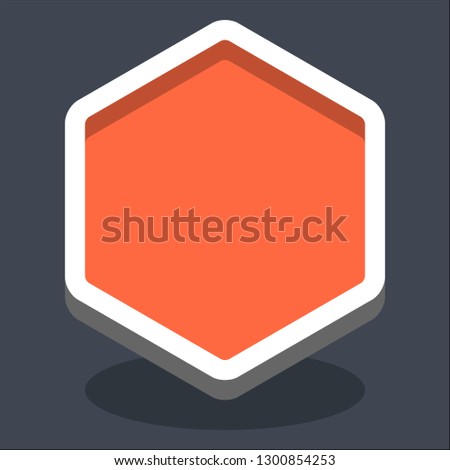 Hexagon button isometric icon. Orange shape with drop shadow on gray background is created in trendy 3D flat style. Clicked variant.The graphic element for design saved as a vector illustration.