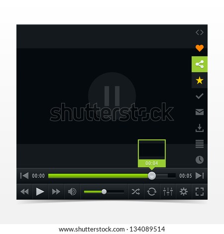 Black media player with video loading bar. Contemporary classic  dark style skin. Variation 03 (color green). UI user interface control buttons. Vector illustration web design element in 10 eps