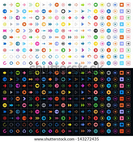 400 arrow sign icon set. Volume 1 (color version). Modern simple pictogram minimal, flat, solid, mono, monochrome, plain, contemporary style. Vector illustration web internet design elements in 8 eps