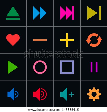 16 media player pictogram control button sign set. Volume 06. Simple web icon on black background. Modern contemporary solid plain flat minimal style. Vector illustration design elements 8 eps