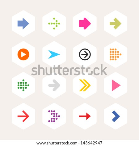 Arrow icon sign set. Simple rounded hexagon internet button beige background. Solid plain monochrome color flat tile. Minimal contemporary metro style. Vector illustration web design elements 8 eps