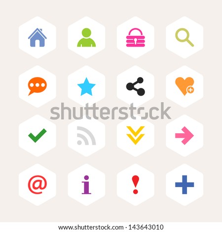 Basic sign icon set. Simple rounded hexagon internet button beige background. Solid plain monochrome color flat tile. Minimal modern metro style. Vector illustration web design elements saved 8 eps