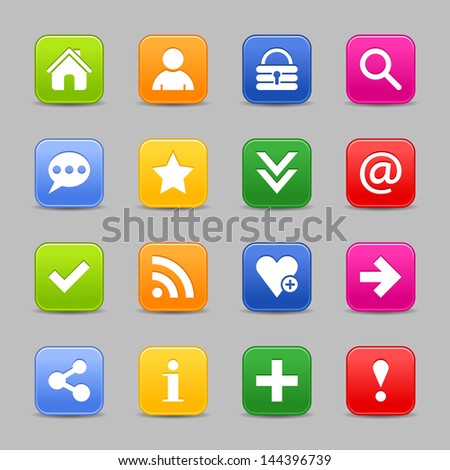 16 satin icon set with white basic sign. Rounded square button with drop shadow. Green, orange, blue, yellow, red shapes on light gray background. Vector illustration web design element save in 8 eps