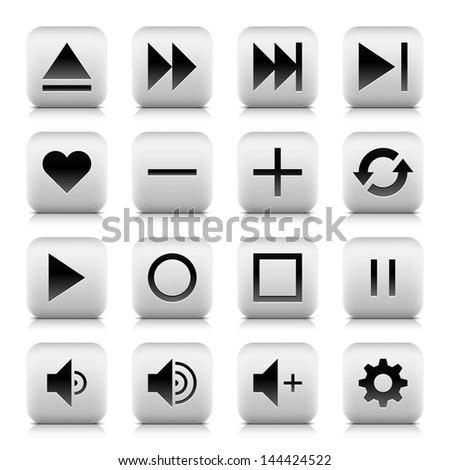 16 media player sign gray icon (set 06). Stone series. Black pictogram in rounded square button with shadow and reflection on white background. Vector illustration web design element in 8 eps