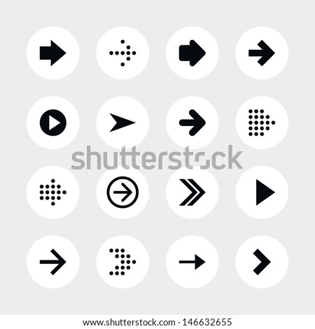 16 arrow sign icon set 01. Black pictogram on white circle button. Solid plain monochrome flat tile. Simple contemporary modern style. Web design element vector illustration save in 8 eps