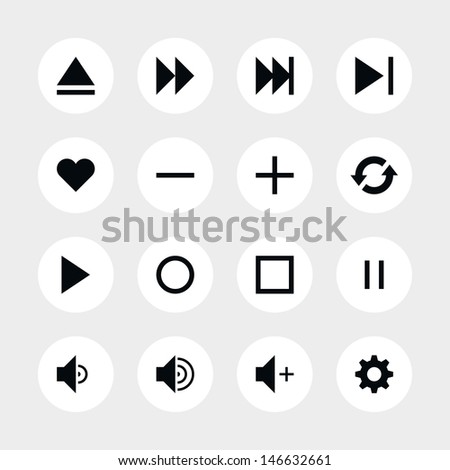 16 media player control button ui icon set 06. Black pictogram on white circle button. Solid plain monochrome flat tile. Simple contemporary modern style. Web design element vector illustration 8 eps