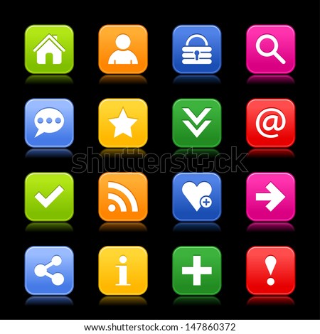 16 satin icon with basic sign set. Rounded square web internet button with color reflection. Green, orange, blue, yellow, red shapes on black background. Vector illustration design element 8 eps