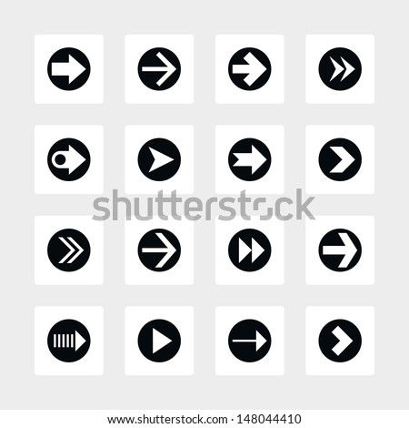 16 arrow icon set sign in circle 03. Black pictogram on white rounded square button. Solid plain monochrome flat tile. Simple contemporary modern style. Web design element vector illustration 8 eps