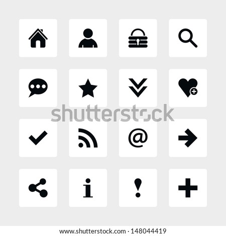 16 popular colors icon basic sign set 05. Black pictogram white rounded square button. Solid plain monochrome flat tile simple contemporary modern style. Web design element vector illustration 8 eps