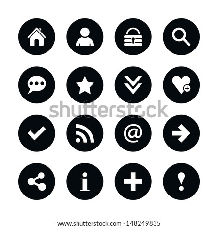 16 popular colors icon basic sign set 05. White pictogram on black circle button. Solid plain monochrome flat tile. Simple contemporary modern style. Web design element vector illustration 8 eps