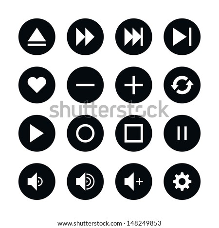 16 media player control button ui icon set 06. White pictogram on black circle button. Solid plain monochrome flat tile. Simple contemporary modern style. Web design element vector illustration 8 eps