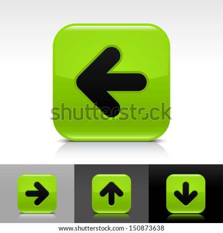 Arrow icon set green glossy web button with black sign. Rounded square shape with shadow, reflection on white, gray, black background. Vector illustration design element save in 8 eps 