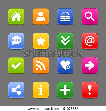 16 icon set with white basic sign. Rounded square satin button with drop shadow. Green, orange, blue, yellow, red shapes on light gray background. Vector illustration web design element 8 eps