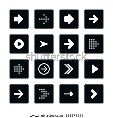 Icon set 01 arrow sign. White pictogram on black rounded square button. Solid plain monochrome flat tile. Simple contemporary modern style. Web design element vector illustration save 8 eps