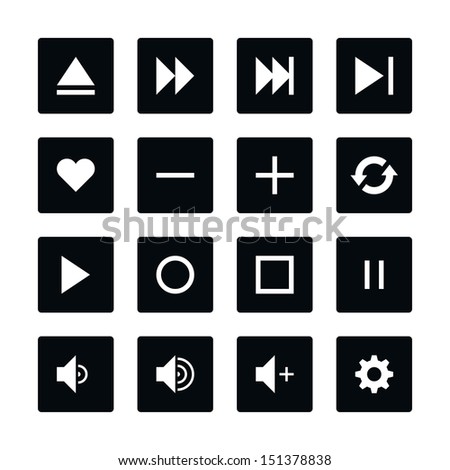 Icon set 06 media player control button. White pictogram on black rounded square button. Solid plain monochrome flat tile. Simple contemporary style. Web design element vector illustration save 8 eps