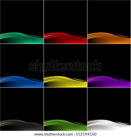 9 colored variant stage curtain on black background in square format. Luxury backdrop with wave strip in dark style. Empty space for text or sign. Vector illustration design element save 8 eps