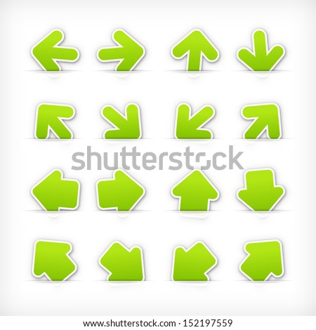 Arrow sign green stickers on cut paper pocket. Web internet button satined shape with gray drop shadow on white background. Vector illustration web design element save in 10 eps
