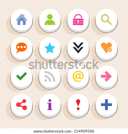 16 basic sign icon set 05 (color on white). Circle button web internet shape with shadow on beige paper background with plastic texture. Simple flat style. Vector illustration design element in 10 eps