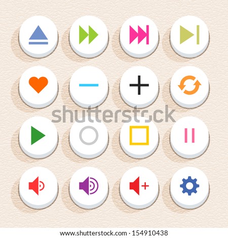 16 media sign icon set 06 (color on white). Circle button web internet shape with shadow on beige paper background with plastic texture. Simple flat style. Vector illustration design element in 10 eps