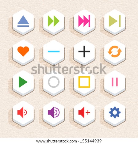 16 media sign icon set 06 (color on white). Hexagon button web internet shape with shadow on beige paper background with plastic texture. Simple flat style. Vector illustration design element 10 eps