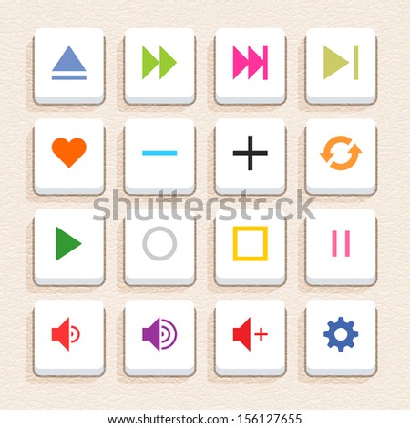 16 media sign icon set 06 (color on white). Square web internet button with long shadow on beige paper background with plastic texture. Simple flat style. Vector illustration design element 10 eps