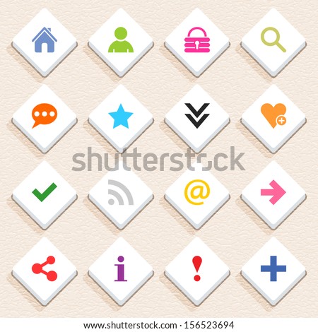 16 basic sign icon set 05 (color on white). Rhombus web internet button with long shadow on beige paper background with plastic texture. Simple flat style. Vector illustration design element in 10 eps