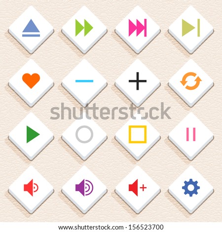 16 media sign icon set 06 (color on white). Rhombus web internet button with long shadow on beige paper background with plastic texture. Simple flat style. Vector illustration design element 10 eps