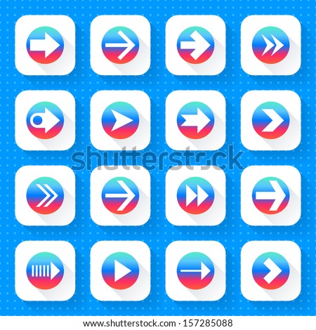 16 arrow icon set 03 (gradient sign on white). Square web internet button on blue background with blueprint paper texture imitation. Simple flat long shadow style. Vector illustration design in 10 eps