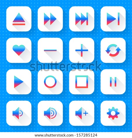 16 media icon set 06 (gradient sign on white). Square web internet button on blue background with blueprint paper texture imitation. Simple flat long shadow style. Vector illustration design in 10 eps