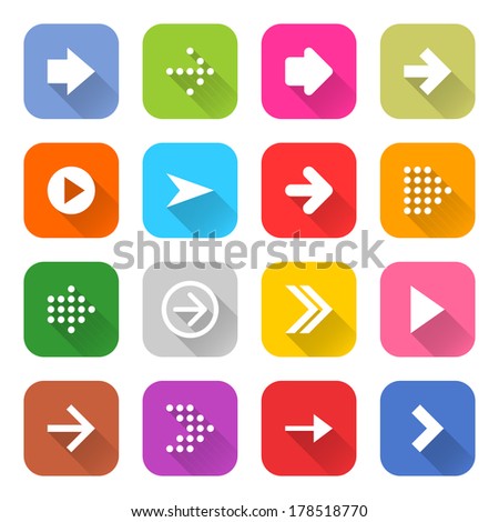 16 arrow icon set 01 (white sign on color). Rounded square web button on white background. Simple minimalistic mono flat long shadow style. Vector illustration internet design graphic element 10 eps