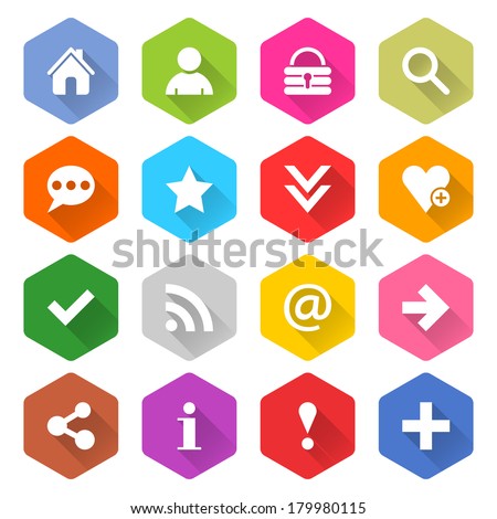 16 basic icon set 05 (white sign on color). Rounded hexagon web button on white background. Simple minimalistic mono flat long shadow style. Vector illustration internet design graphic element 10 eps