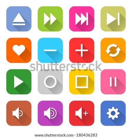 16 media icon set 06 (white sign on color). Rounded square web button on white background. Simple minimalistic mono flat long shadow style. Vector illustration internet design graphic element 10 eps