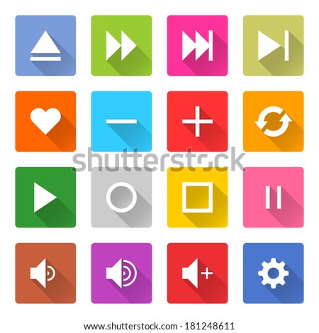 16 media icon set 06 (white sign on color). Square web button on white background. Simple minimalistic mono flat long shadow style. Vector illustration internet design graphic element 10 eps