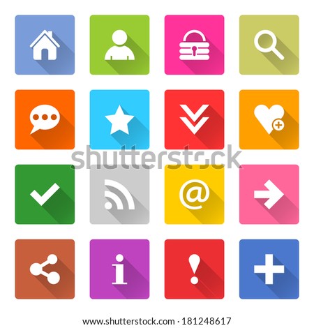 16 basic icon set 05 (white sign on color). Square web button on white background. Simple minimalistic mono flat long shadow style. Vector illustration internet design graphic element 10 eps
