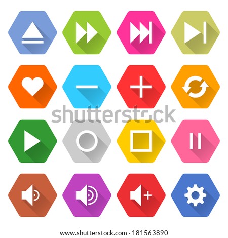 16 media icon long shadow set 06. White sign on colored rounded hexagon web button on white background. Simple minimalistic flat style. Vector illustration internet design graphic element 10 eps
